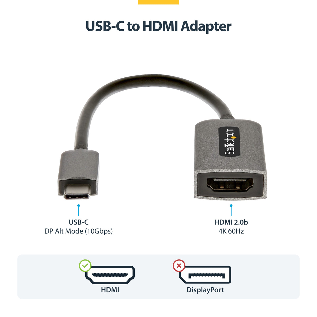 StarTech.com USB-C to HDMI Adapter, 4K 60Hz Video, HDR10, USB-C to HDMI Monitor Dongle, USB4 / Thunderbolt Compatible