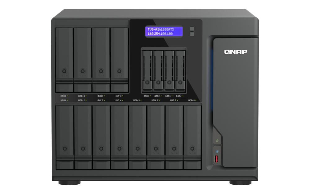 QNAP 16-Bay QuTS hero NAS (12 x 3.5" SATA + 4 x U.2 NVMe slots), Intel Core Ultra9 285 24cores(8P+16E), 32G DDR5 ECC (up to 192G), 2 x USB4, 3 x PCIe Gen4 slots, 2 x 10GBASE-T, 2 x 2.5GbE, 550W PSU