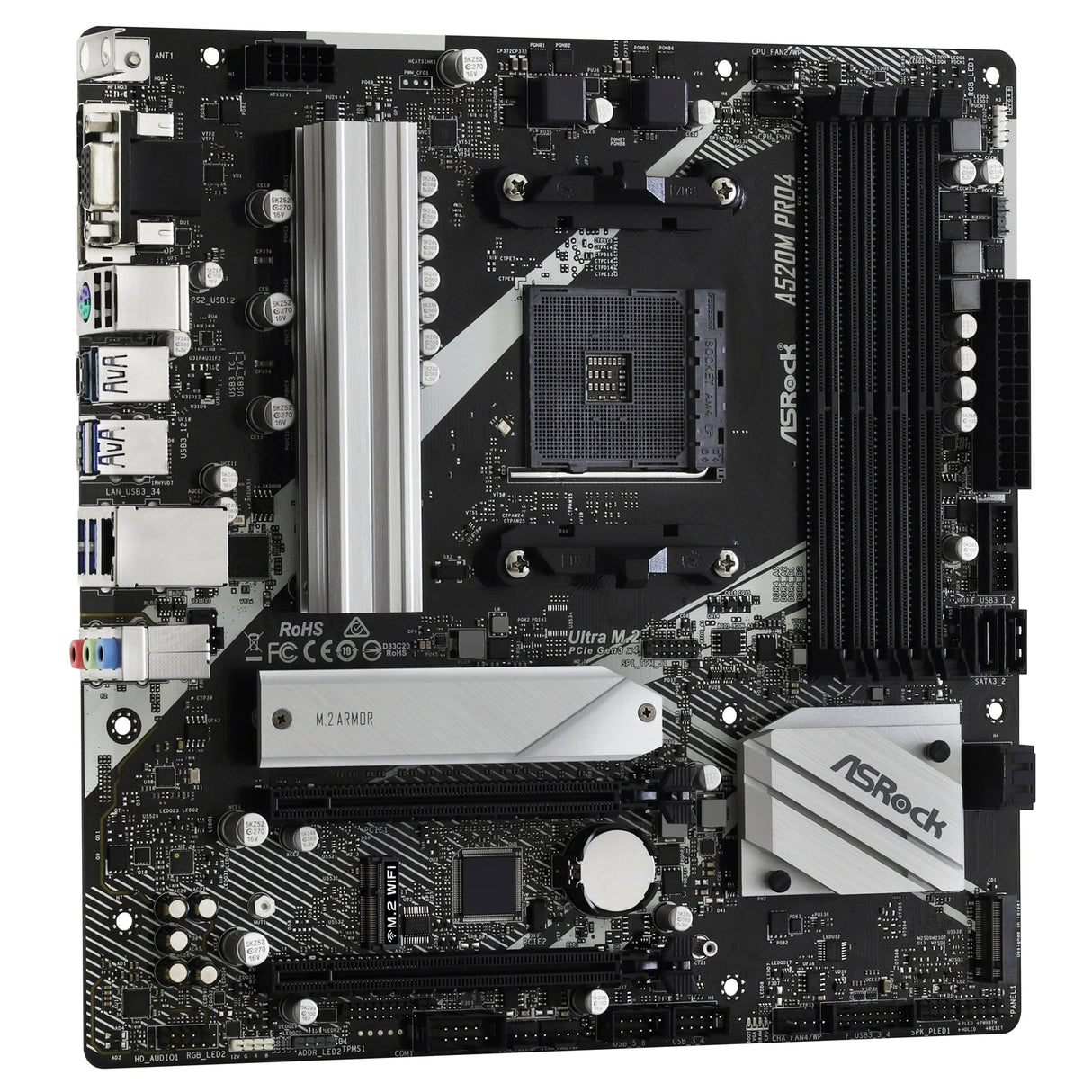 ASRock A520M PRO4 Super Alloy AMD AM4 Socket Motherboard, Micro-ATX, 4x DDR4 Slots, 1x M.2 Socket, GbE LAN, 1x D-Sub / 1x DisplayPort / 1x HDMI Port