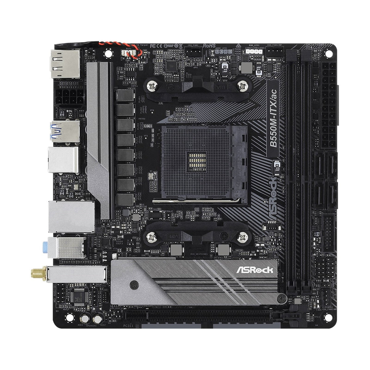 ASRock B550M-ITX/ac AMD AM4 Socket Motherboard, Mini-ITX, 2x DDR4 Slots, 1x M.2 Socket, GbE LAN, Wi-Fi 5, 1x DisplayPort / 1x HDMI Port