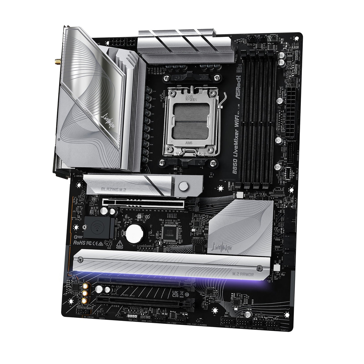 ASRock B850 LiveMixer WiFi AMD AM5 Socket Motherboard, ATX, 4x DDR5 Slots, 3x M.2 Sockets, Fitted I/O Shield, 2.5GbE LAN, Wi-Fi 7, 1x DisplayPort / 1x HDMI Port