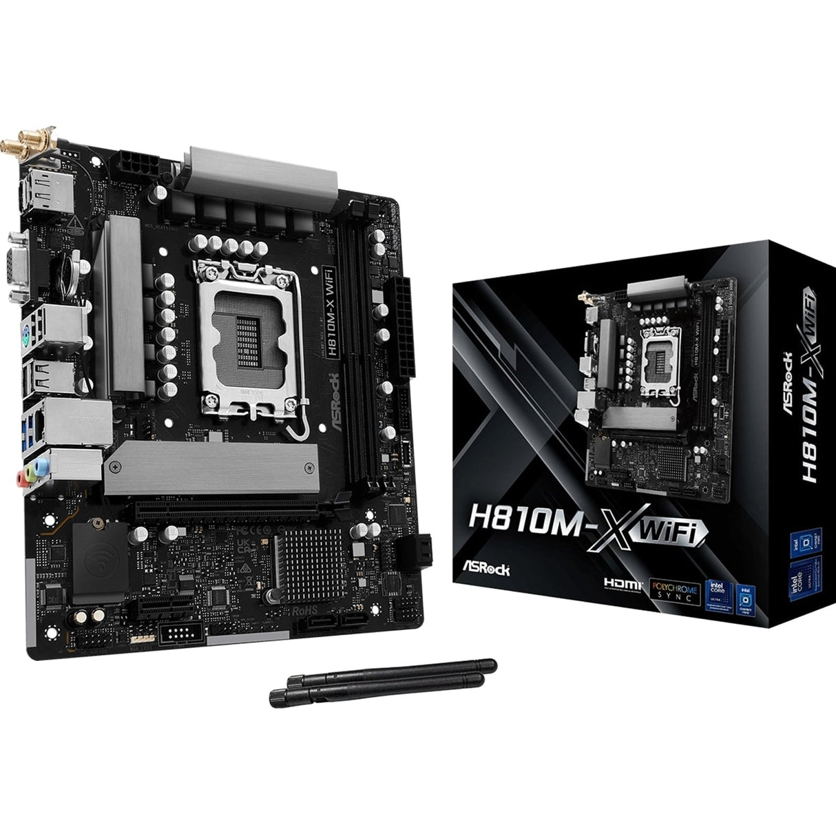 ASRock H810M-X WIFI Intel Socket 1851 Motherboard, 2x DDR5 DIMM Slots, 1x M.2 Socket, 2.5G LAN, WiFi 5, 1x HDMI Port / 1x DisplayPort