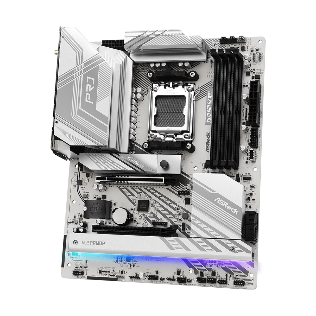 ASRock X870 PRO RS WIFI AMD AM5 Socket Motherboard, ATX, 4x DDR5 Slots, 3x M.2 Sockets, Fitted I/O Shield, 2.5GbE LAN, Wi-Fi 7, 1x HDMI Port / 2x USB-C (USB4)